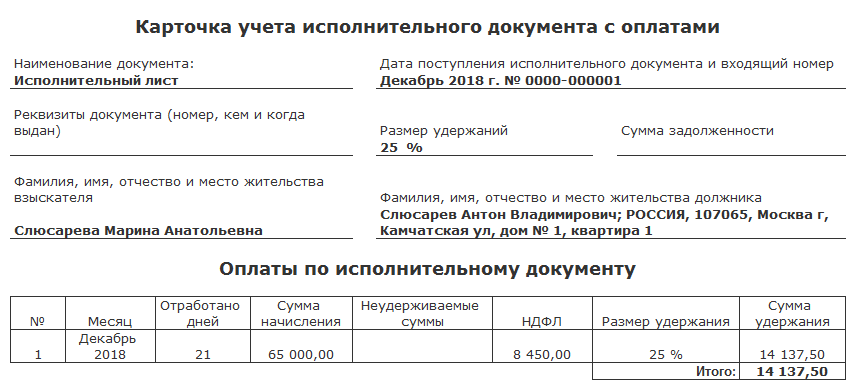 Расчет по исполнительному листу образец