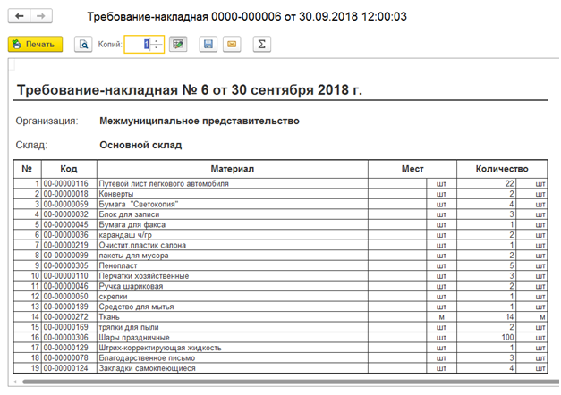 Требование на склад образец